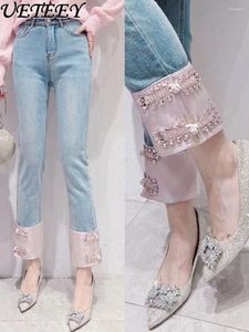 Damen-Jeans, süßer chinesischer Stil, exquisite Strass-Fleece-gepolsterte Damen-Winter-Hohe Taille, schlankmachende Stretch-Denim-Zigarettenhose