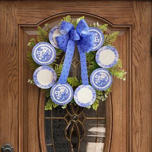 Decorative Flowers Wooden Plaque Blue And White Porcelain Pattern Wreath Outdoor Courtyard Party Decorations Garland For Wall Door Window