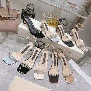 Summer Versatile Rhinestone Strap with Medium High Heels Sandals, Sexy Square Open Toe Hollowed Out Cat Heel Roman Shoes, Women's Genuine Leather