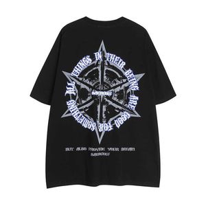 High Street Style American Compass Arrow Print Trendy Brand Vtg Short Sleeve Hip Hop Loose Par T-shirt för män och kvinnor