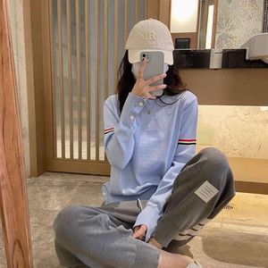 2024 Autumn/winter TB Round Neck Pullover Loose Wool Sweater Blue Striped Patchwork Long Sleeved Top for Women