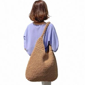 women Casual Large-capacity Straw Shoulder Bags Wicker Woven Ladies Handmade Summer Beach Rattan Female Menger Large Totes q30v#