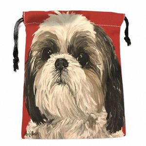 Anpassad shih tzu hundmålning dragkammare 18x22 cm små resor kvinnor liten tygväska julklapp påse v9kd#