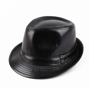 Caps de jazz simples homens Pu couro fedoras chapéu para masculino de outono de inverno chapéu de jogador de jogador vintage Cap preto do Panamá