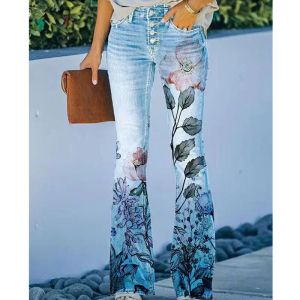 Women's Flower Printed Baggy Jeans High Waist Streetwear Straight Wide Leg Denim