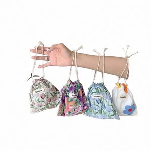 Cott Linen Floral Storage DrawString Bag Kvinnor Finish förvaringspåse Small Makeup Bag Christmas Gift Candy Jewelry Organizer L3PG#