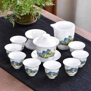 Teaware set 11-stycken vitt porslin teset hushåll vardagsrum kinesiska ljus lyx keramiska gaiwan koppar trevligt