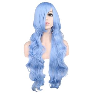 Perucas QQXCAIW longo ondulado peruca cosplay mulheres homens festa luz azul 80 cm perucas de cabelo sintético