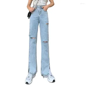 Kvinnors jeans Autumn ljusblå ben delar kvinnliga raka byxor lång lös kvinna med hål hög midja lady flare byxor denim