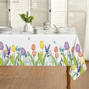 Table Cloth Easter Spring Waterproof Tablecloth Watercolor Wild Flowers Tulip Lavender Floral Table Cover for Party Picnic Dinner Decor Y240401