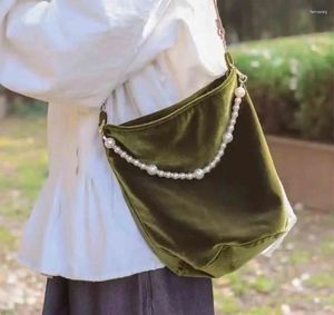 Shoulder Bags 2024 Green Velvet Women's Bag Retro Style Pearl Beading Chain Crossbody Fashion Bucket Handbag