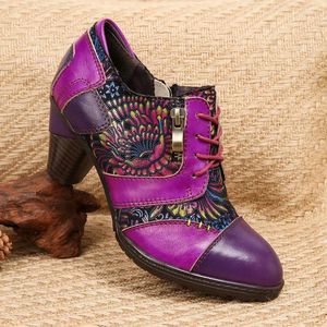 Sapatos de vestido Johnature 2024 Primavera Mulheres Genuínas Couro Estilo Étnico Bombas Retro Impresso Redondo Toe Salto Alto Handmade