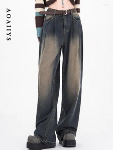 Jeans da donna Aoaiiys Pantaloni denim donna Chic pieghettati Casual Basic lavati dritti pantaloni coreani a vita alta a vita alta