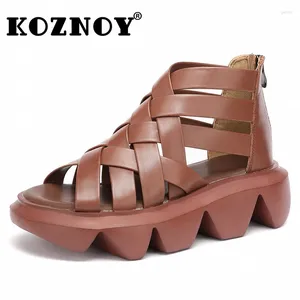 Sapatos de vestido Koznoy 5cm Natural Vaca Couro Genuíno Verão Sandálias Femininas Flats Confortáveis ​​Mulheres Moda Senhoras Plataforma Wedge Zip Weave