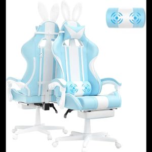 Ferghana Kawaii Light Blue Gaming Chare with Bunny Ears、人間工学に基づいたかわいいゲーマーチェアフットレストとマッサージ、レースリクライニング