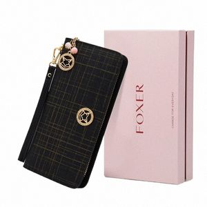 Foxer Lady Purse Split Leather LG Wallet Women's Card Holder Anti-stöld blixtlås Lady Clutch med Wemstrap Mey Bag Coin Case D6ej#