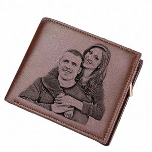 Carteiras gravadas para homens Foto Carteira Trifold Curto Ultra-fino Fi Jovem Carteira de Couro Mey Clip Personalizado Foto Presente w8pX #