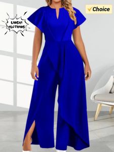 Sommar eleganta kvinnor vneck oregelbunden jumpsuit fast färg kortärmad lång stil bankett kvinnor jumpsuit 240315