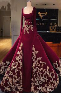 Luxury Dubai Overskirts Evening Dresses Beads Appliques Sash Long Sleeves Prom Dress Square Dark Red robes de soiree Party Gowns4121913