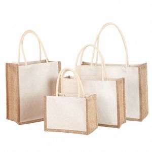 Miljövänlig säckväv Jute Tote Butikväska Vattentät sömnad Linnförvaringsväska för kvinnliga gåvor Top Handbag Square Purse Bolsa C98D#