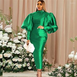 Casual Dresses Puff Long Sleeve Women Dress Green Half High Collar Solid Color Sheath Vestidos Elegant Fall Winter Ladies Christmas Party