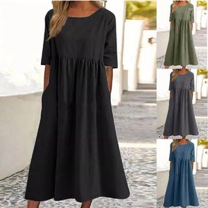 Shower Curtains Women Cotton Linen Dress Short Sleeve Crewneck Pocket Women's Summer Casual Loose Office A-Line Long