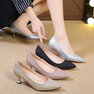 Sapatos de vestido moda apontou toe saltos finos mulheres ouro prata casamento dama de honra brilhante lantejoulas senhoras alta tamanho pequeno 33