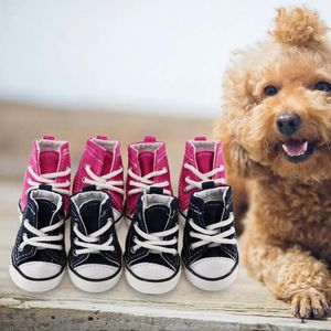 犬のアパレル4PC/セット子犬ペット犬ブーツアンチスリップウォークブーティースポーツシューズデニム原因スニーカー無料船