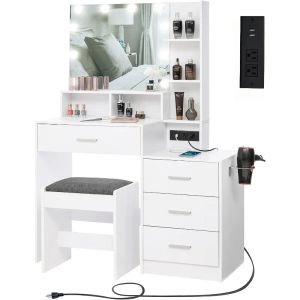 Usikey Large Vanity Table Set med upplyst spegel laddningsstation, med 4 förvaringshyllor och 4 lådor dämpad pall