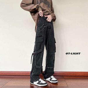 American Vibe Pants Ins High Street Trendy Brand Black Strap Jeans Men's Straight Fit Zippered calças de roupas de trabalho Spring Spring