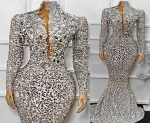 2023 African Sequins Evening Dresses Long Sleeves Mermaid Women Formal Party Dress Sparkly Beaded High Neck Prom Gowns GB12058679554
