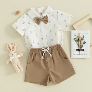 Kläder sätter tregren 0-3y spädbarn baby pojke 2st gentleman outfits sommar kort ärm tryck bowtie skjorta shorts set småbarn kläder