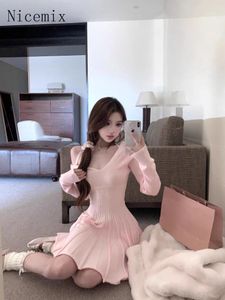 Casual Dresses Pink Bow V-Neck Knitted Sexy Dress For Women Autumn/Winter Waist Slim Ballet Style Sweet Girl Long Sleeve A-line Short