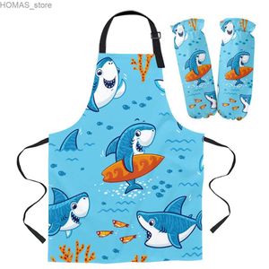 Aprons Blue Shark Cartoon Apron Oversleeve Oven Gloves Pads Cooking Baking Kitchen Aprons for Women Kids Y240401