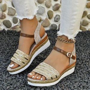 Sandálias Cunha Romana com Boca de Peixe Mulheres Verão Moda Open Toe Couro Fivela Slope Heel Shoes Mulher 2024 Tendência