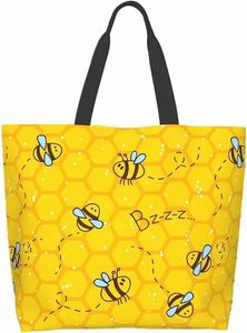 Bee Beach Canvas Tote Bag Casual Shoulder Bag Handväska Återanvändbar butik Travel livsmedelsväska Tote gåvor för kvinnor flickor d5rn#