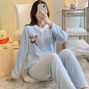 Home Clothing 2024 Winter Long Sleeve Sexy V-neck Thick Warm Flannel Pajama Sets For Women Korean Cute Sleepwear Pyjamas Homewear Clothes