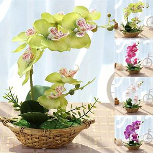 Fiori decorativi 2 forchette Farfalla artificiale Fiore di orchidea Piante bonsai Vaso di legno Natale Matrimonio Festa di compleanno Decorazione della casa Falso