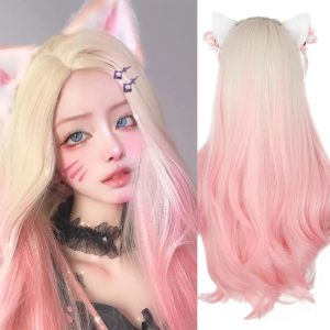 Peruk sentetik peruk uzun dalgalı peruk ombre altın peruk pembe peruk dişi ahri kda cosplay orta saç yüksek sıcaklık lif peruk