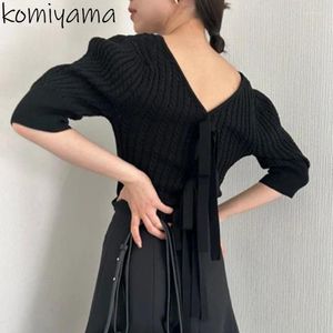 Kadın Örgü Stripe Sweater Geri Dantal Yay Hırgalar Femme Japonya Tarzı Ropa Mujer İki Yol Giymek Örgü 2024 İlkbahar Yaz Sazları