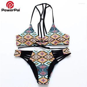 Kvinnors badkläder Powerpai String Bikinis Plaid Print Bikini Set For Women Swimsuit Bandage Halter Back Mayo Beach Swimming Bathing Suit