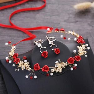 Colar brincos conjunto de dama de honra bandana tiaras rosa flor jóias de casamento cabeça peça headdress noiva hairband brinco cristal pérola vermelho