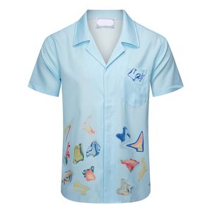 Летняя мужская футболка. Дизайнерский кардиган на пуговицах с принтом, шелковый топ с коротким рукавом. Высококачественная модная мужская рубашка для плавания, пляжная рубашка европейского размера M-3XL EMO5.