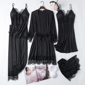 Beyaz ipek pijama set kadınlar 5pcs gelin düğün robe gecelik seksi dantel kimonya pijama kümesi kimono bıçağı elbise iç çamaşırı