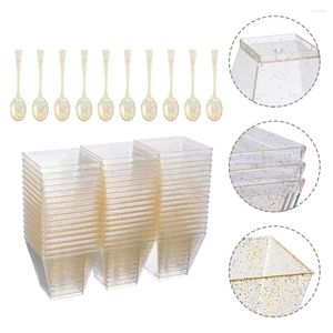 Disposable Cups Straws Clear Dessert With Lids Gold Powder Party Supply Mini Mousse Pudding Storage Small Bowl Plastic Cake
