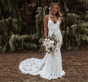 2022 Boho Mermaid Wedding Dresses Spaghetti Straps spetsar Backless Beach Sexig Vneck Bohemian Brudklänningar Eleganta Vestidos de Noiva3052541