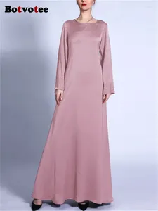 Ubranie etniczne Botvotee długie rękawy Abayas dla kobiet 2024 Modna O szyja Solidna muzułmańska sukienka Vintage Kaftan Kaftan A Line Sukienki