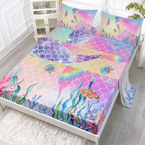 Datura Home Set 4-teiliges Spannbettlaken und flaches Girl Rainbow Pink Mermaid Tail Print 1+2 Kissenbezüge (Regenbogen voll), volle Größe 205,74 x 246,44 cm