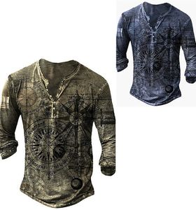 Camiseta masculina Henry com estampa digital 3D Compass Series casual diária com fivela de manga comprida