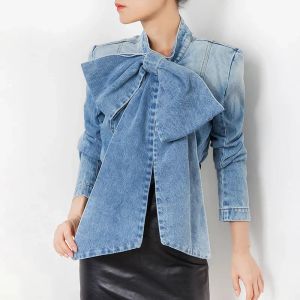 Chic Summer Tops Fashion 2023 Patchwork Zipper Denim Shirt For Women Stand Collar Long Sleeve Bowknot Blue Blouse Female Fashion